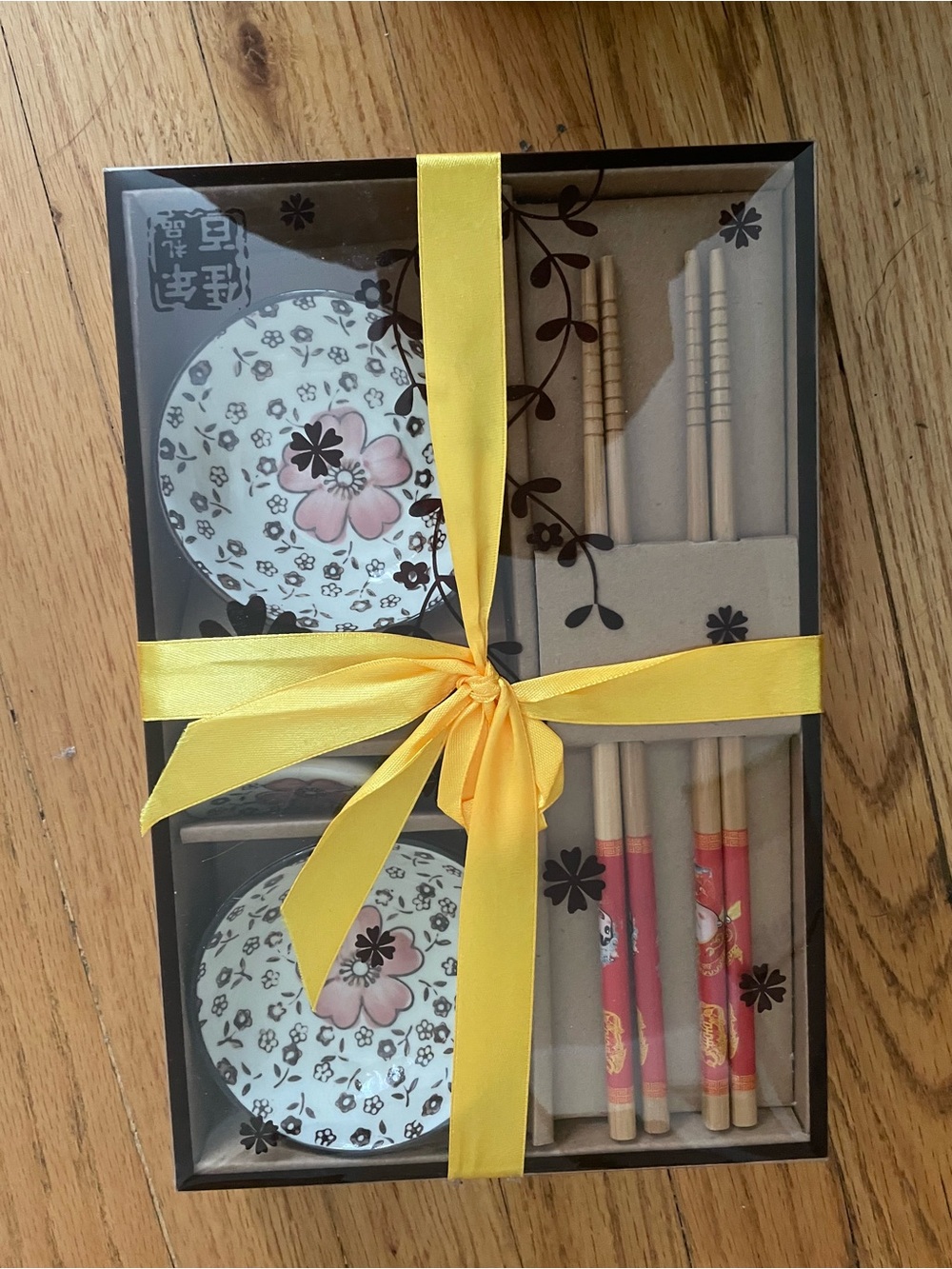 Yellow Ribboned Floral Ceramic Bowl & Chopsticks Gift Set